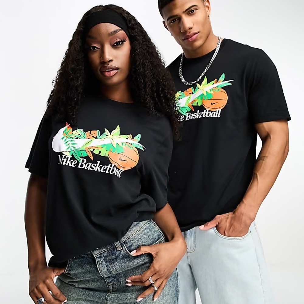 Nike Black Graphic Basketball Tee size Small Unisex Vintage Dri-Fit Floral